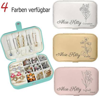 Boîte à bijoux personnalisée Longway, petite boîte de voyage originale avec fleurs et nom, organisateur de bijoux en cuir pour boucles d'oreilles, colliers, bagues, cadeau de Noël personnalisé pour maman et filles 