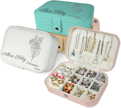 Boîte à bijoux personnalisée Longway, petite boîte de voyage originale avec fleurs et nom, organisateur de bijoux en cuir pour boucles d'oreilles, colliers, bagues, cadeau de Noël personnalisé pour maman et filles 