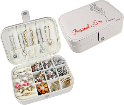 Boîte à bijoux personnalisée Longway, petite boîte de voyage originale avec fleurs et nom, organisateur de bijoux en cuir pour boucles d'oreilles, colliers, bagues, cadeau de Noël personnalisé pour maman et filles 