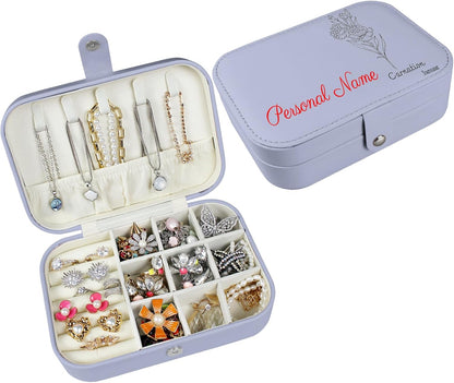 Boîte à bijoux personnalisée Longway, petite boîte de voyage originale avec fleurs et nom, organisateur de bijoux en cuir pour boucles d'oreilles, colliers, bagues, cadeau de Noël personnalisé pour maman et filles 