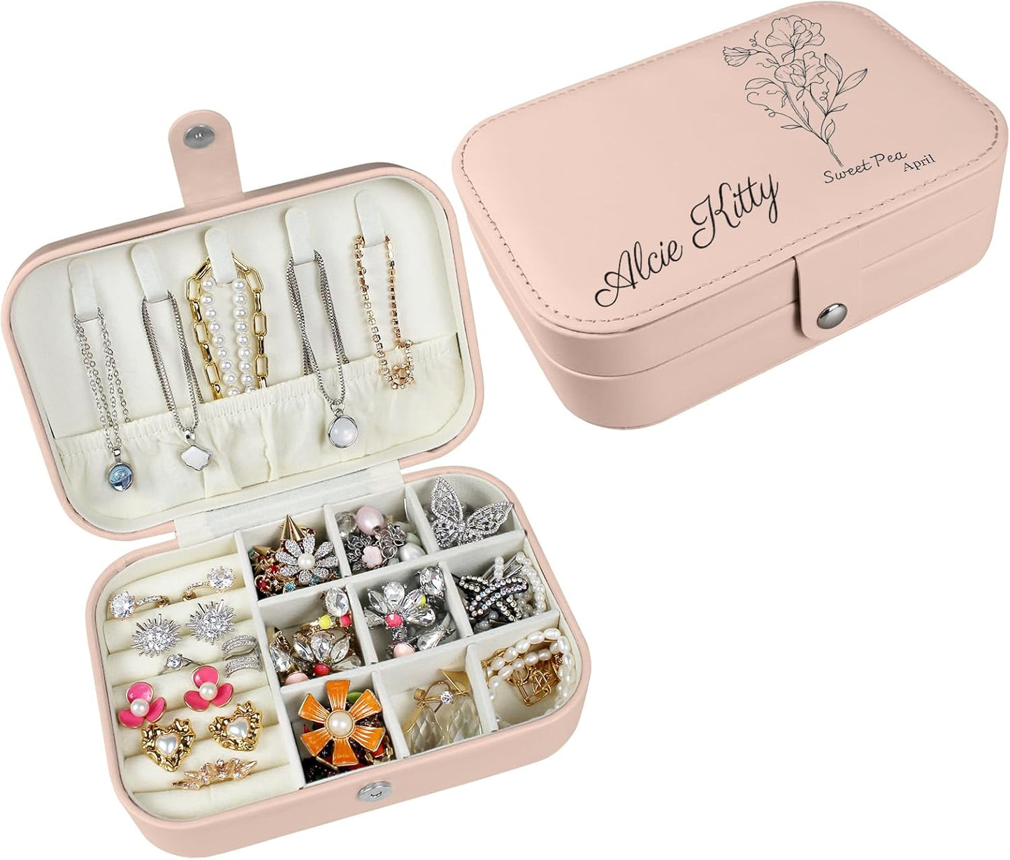 Boîte à bijoux personnalisée Longway, petite boîte de voyage originale avec fleurs et nom, organisateur de bijoux en cuir pour boucles d'oreilles, colliers, bagues, cadeau de Noël personnalisé pour maman et filles 