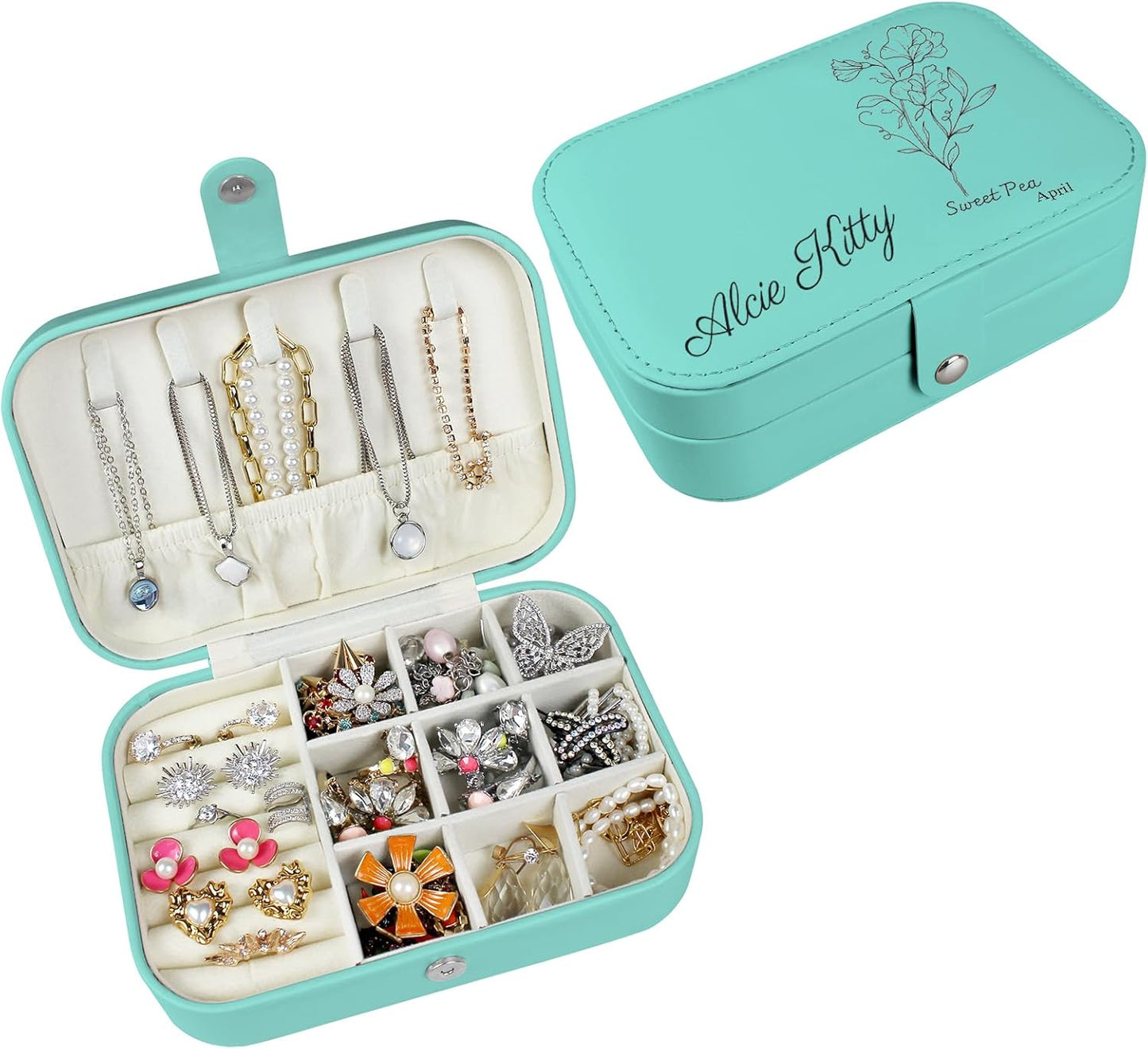Boîte à bijoux personnalisée Longway, petite boîte de voyage originale avec fleurs et nom, organisateur de bijoux en cuir pour boucles d'oreilles, colliers, bagues, cadeau de Noël personnalisé pour maman et filles 