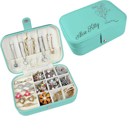 Boîte à bijoux personnalisée Longway, petite boîte de voyage originale avec fleurs et nom, organisateur de bijoux en cuir pour boucles d'oreilles, colliers, bagues, cadeau de Noël personnalisé pour maman et filles 