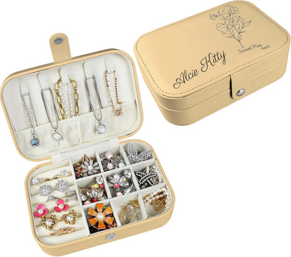 Boîte à bijoux personnalisée Longway, petite boîte de voyage originale avec fleurs et nom, organisateur de bijoux en cuir pour boucles d'oreilles, colliers, bagues, cadeau de Noël personnalisé pour maman et filles 