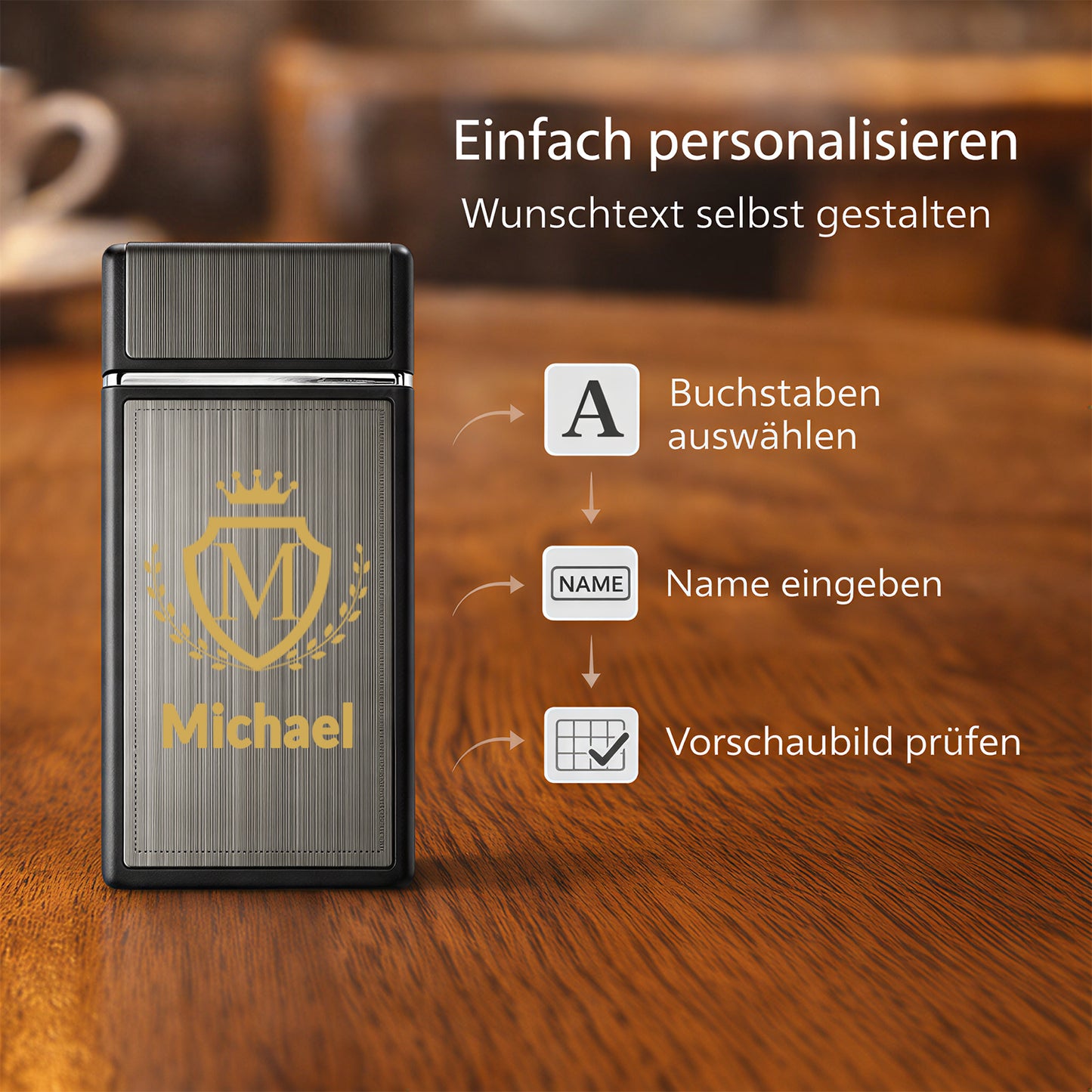 Personalisierte Feuerzeug mit Buchstabenmotiv und Namen - Zink