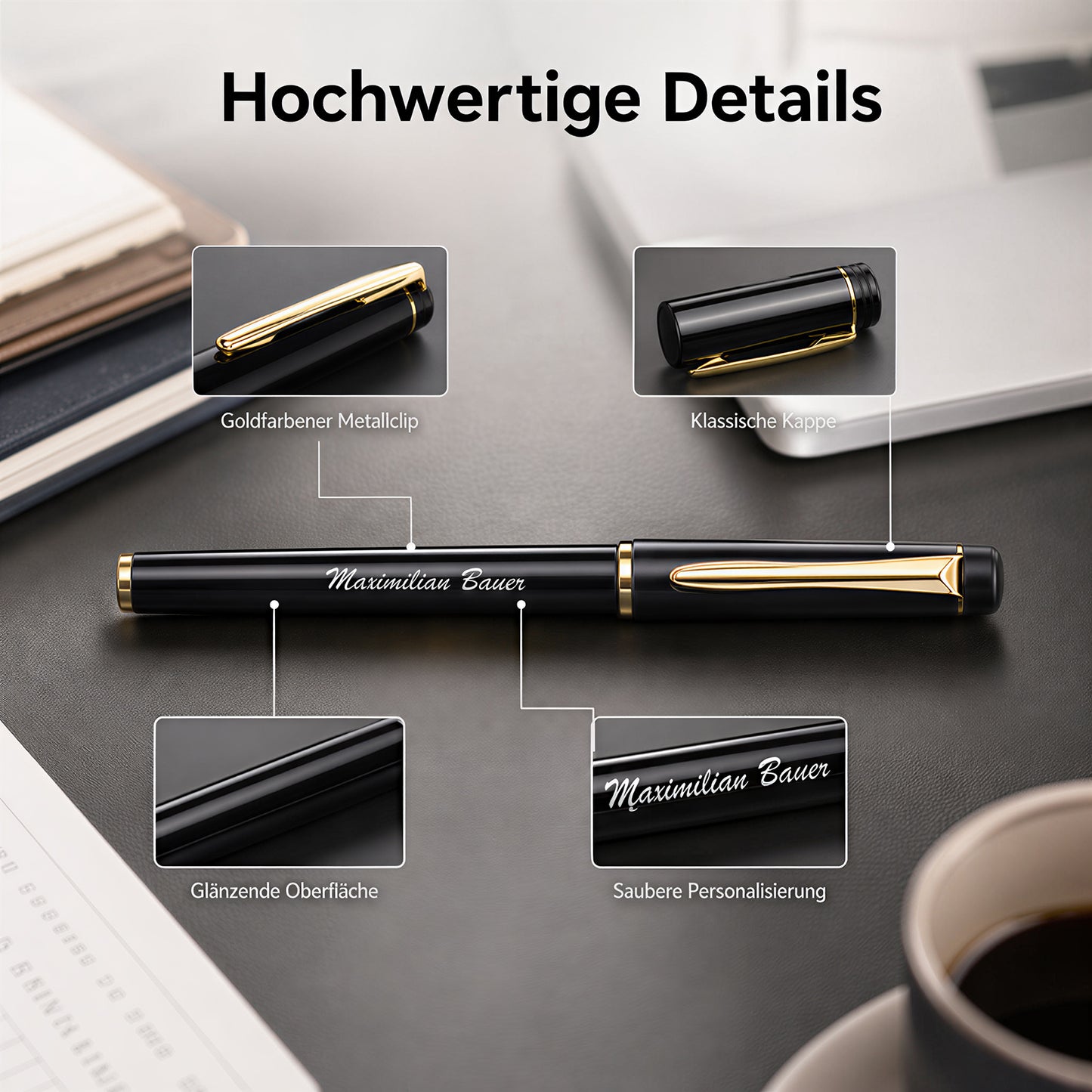 Personalisierter Kappen Kugelschreiber mit Namen und Logo Schwarze Mine