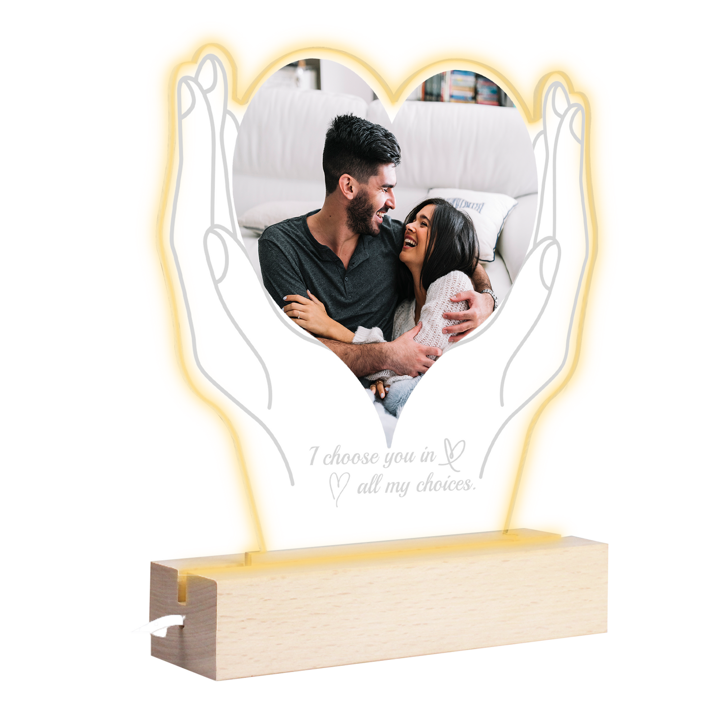 Cadre photo LED personnalisé avec photo, support en bois et socle LED 