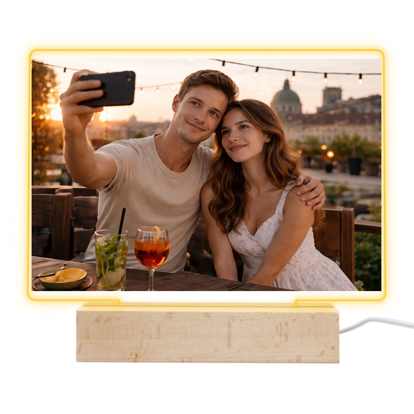 Cadre photo LED personnalisé avec photo, support en bois et socle LED 