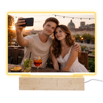 Cadre photo LED personnalisé avec photo, support en bois et socle LED 