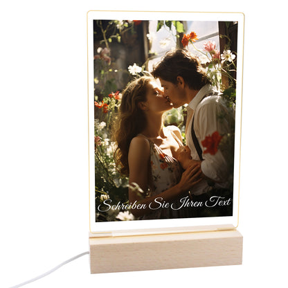 Cadre photo LED personnalisé avec photo, support en bois et socle LED 