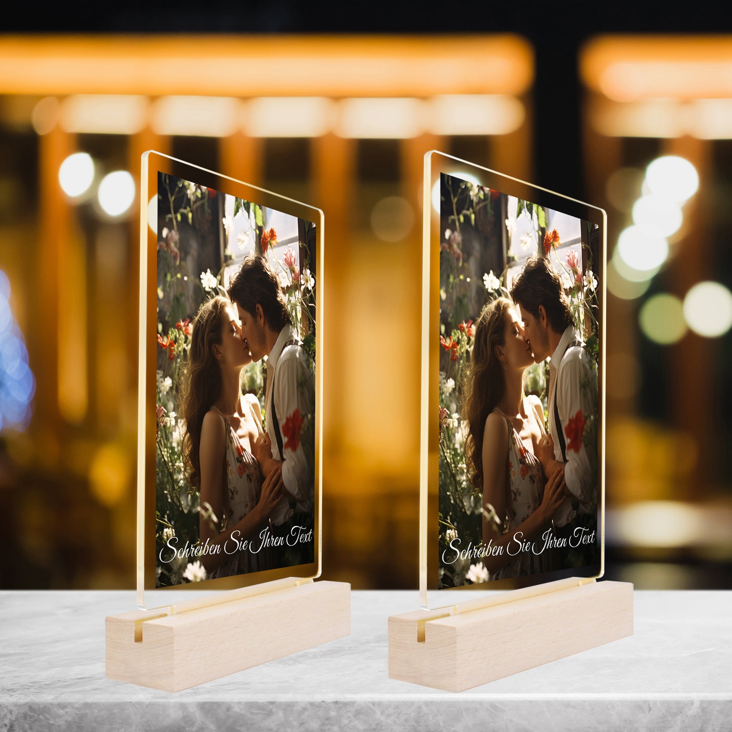 Cadre photo LED personnalisé avec photo, support en bois et socle LED 