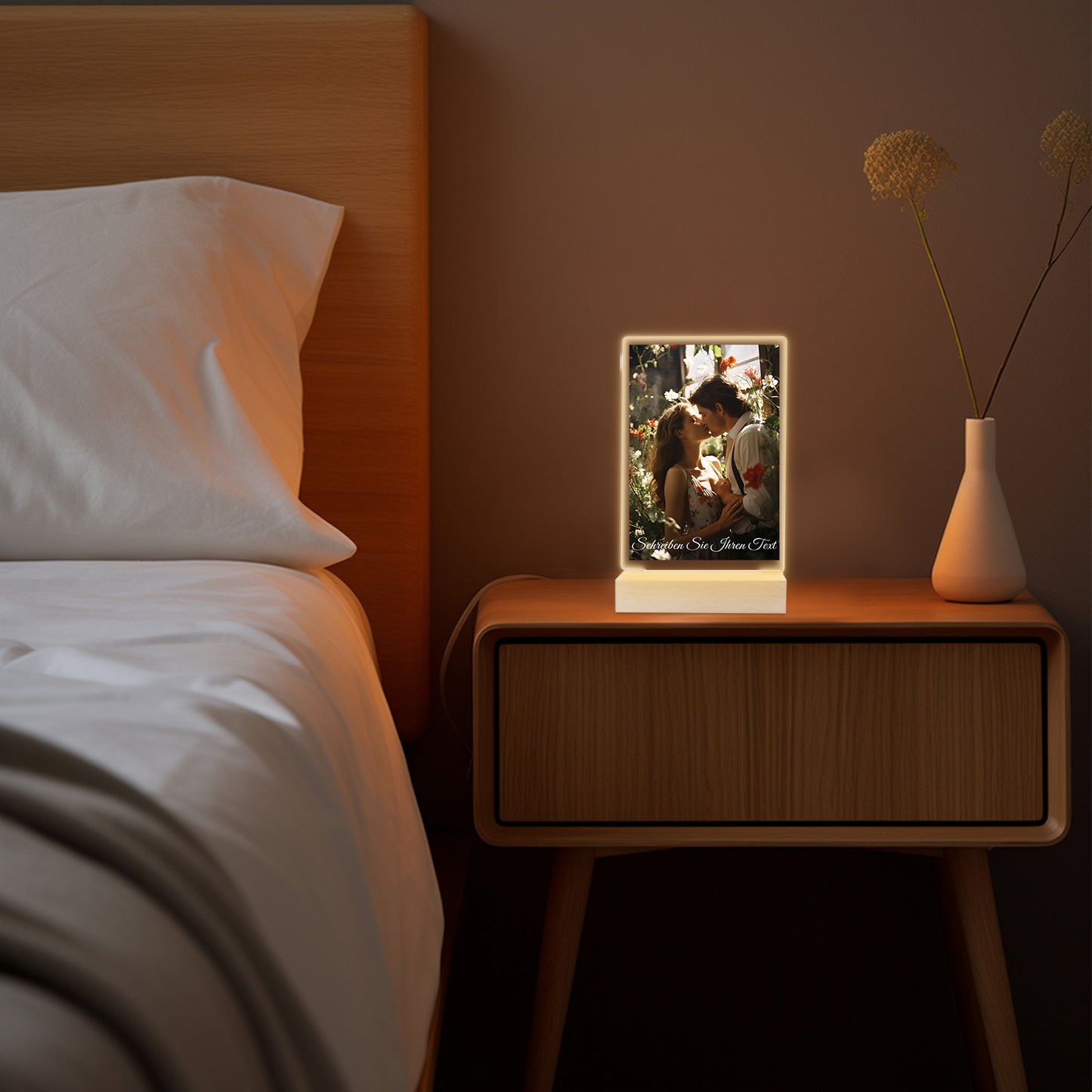 Cadre photo LED personnalisé avec photo, support en bois et socle LED 