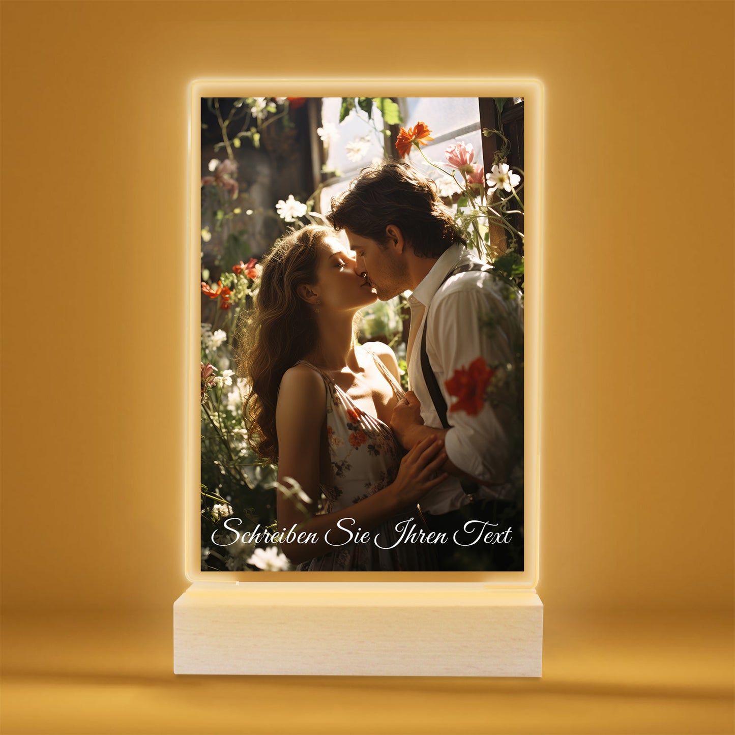 Cadre photo LED personnalisé avec photo, support en bois et socle LED 