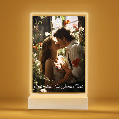 Cadre photo LED personnalisé avec photo, support en bois et socle LED 