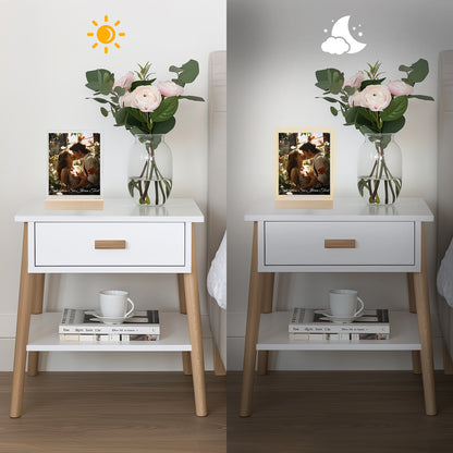 Cadre photo LED personnalisé avec photo, support en bois et socle LED 