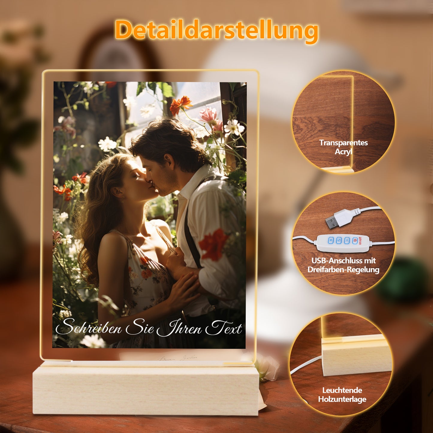 Cadre photo LED personnalisé avec photo, support en bois et socle LED 