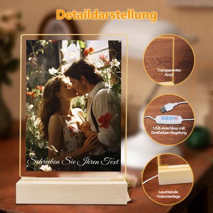 Cadre photo LED personnalisé avec photo, support en bois et socle LED 