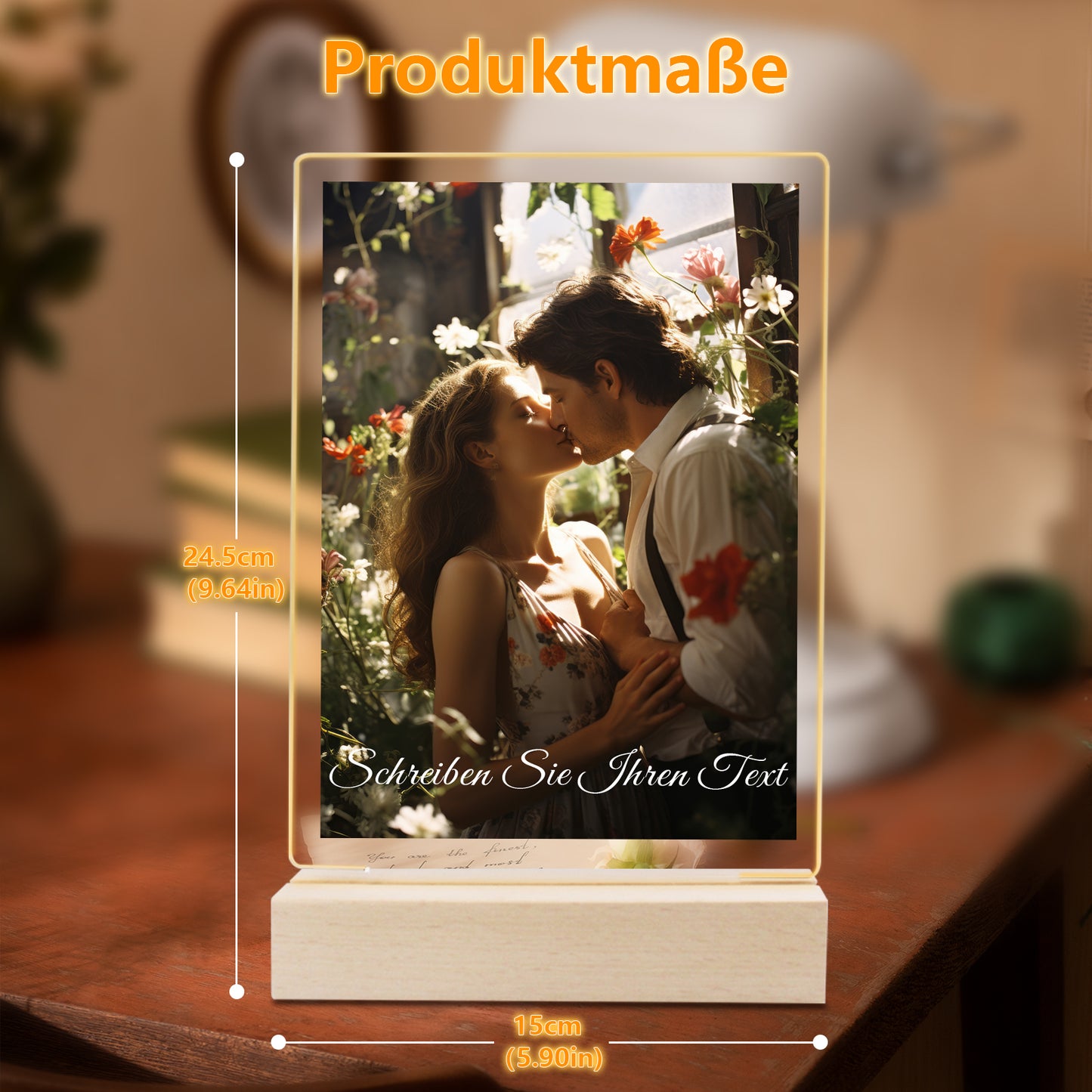 Cadre photo LED personnalisé avec photo, support en bois et socle LED 