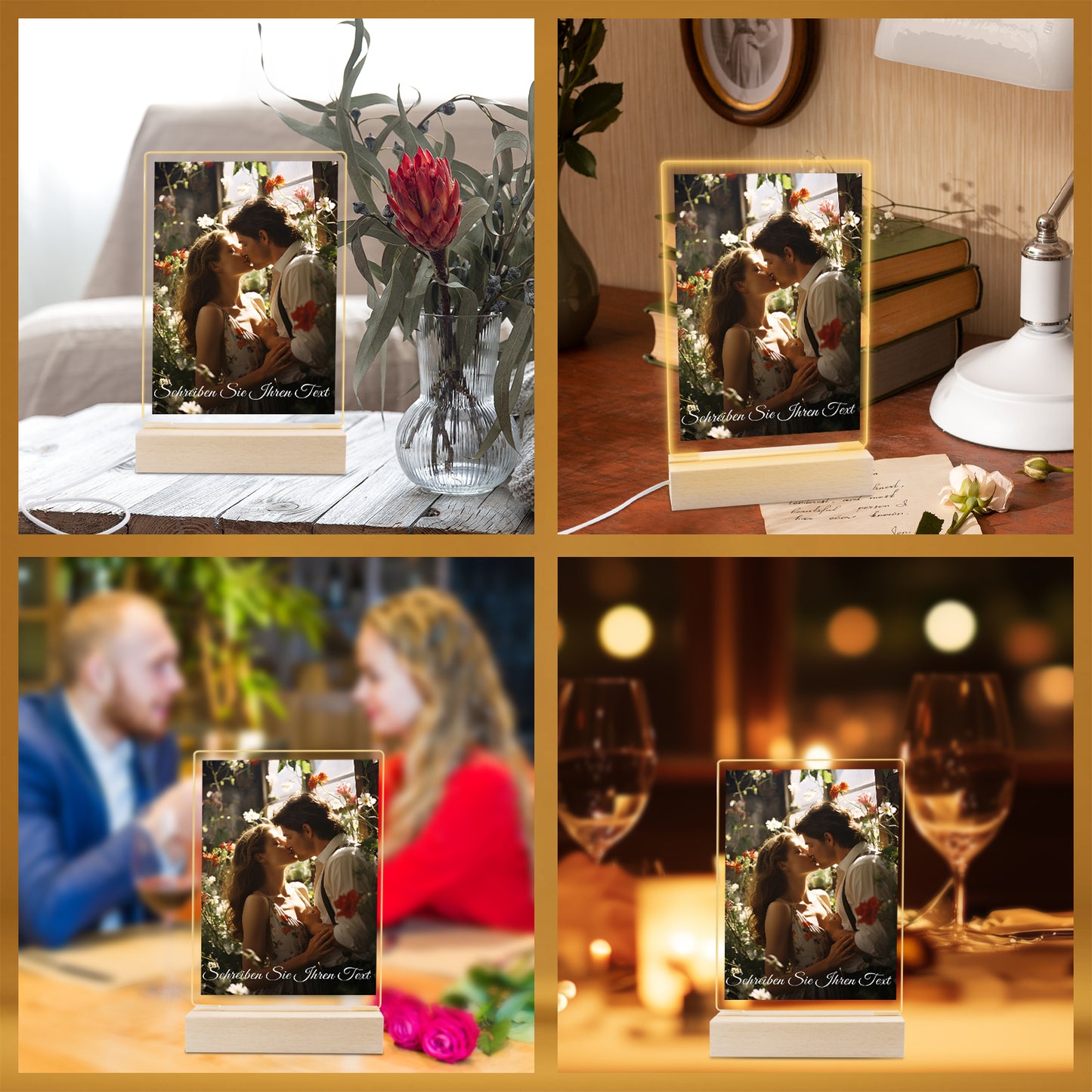 Cadre photo LED personnalisé avec photo, support en bois et socle LED 