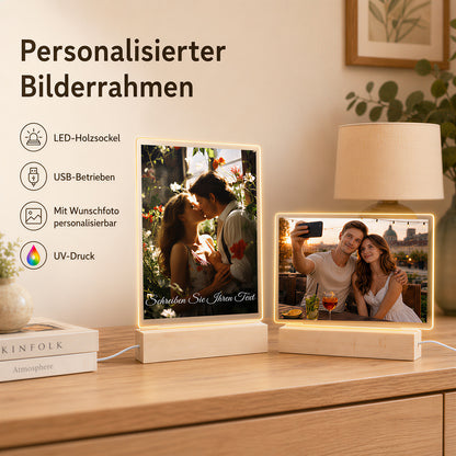 Cadre photo LED personnalisé avec photo, support en bois et socle LED 